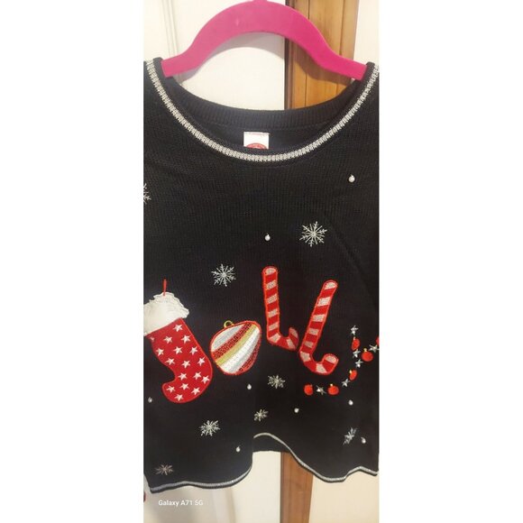 Holiday Time Womens Ugly Xmas Sweater JOLLY S 4/6 Black Red Candy Cane Embroider - Picture 4 of 6